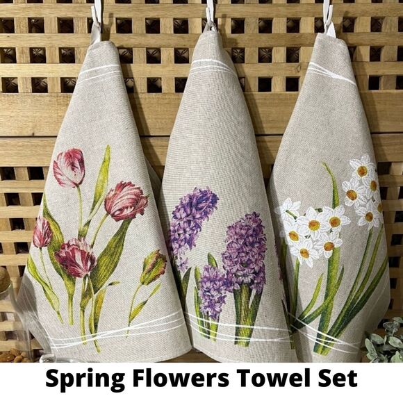 Linen Tea Towels - Spring Flowers Kitchen Towel Set (23x18" each) Linen / Cotton - Picture 2 of 9